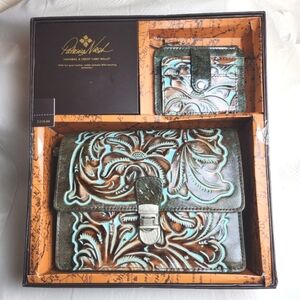 Patricia Nash Purse & Credit Card Wallet Brown Green Turquoise Leather Bag NEW
